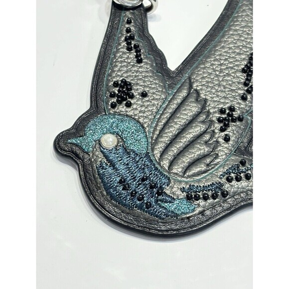 Coach Beaded Dark Teal Blue Bird Keychain Bag Charm Retro Keyfob 3.5" Glitter - Picture 7 of 13